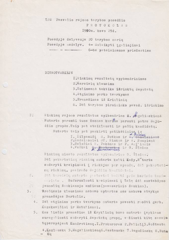 LPS Pasvalio rajono tarybos 1990 m. kovo 29 d. posėdžio PROTOKOLAS 